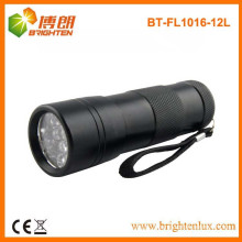 Factory Supply 3aaa Battery Used Aluminium Black 12 led custom made metal led flashlight with Wrist Strap